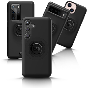Four black Quad Lock phone cases with a fastening system on the back.